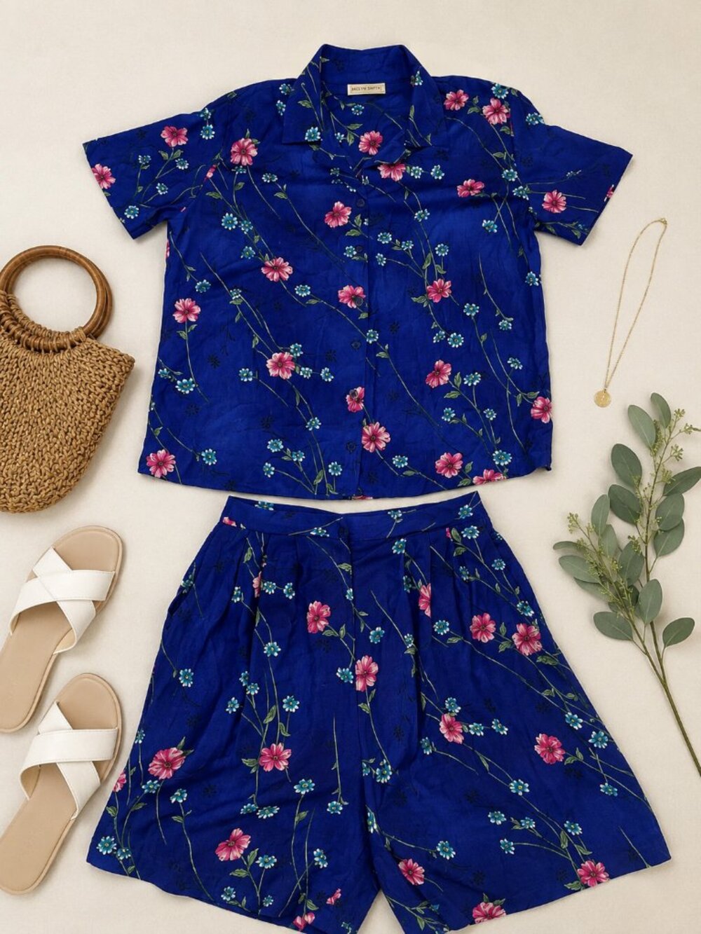 Jaclyn Smith 2 Piece Floral Rayon Short Set Women's Medium Vintage Blue Button